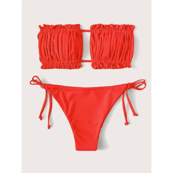 Red Bandeau Strapless Cinch String Tie Bikini - Picture 2 of 5